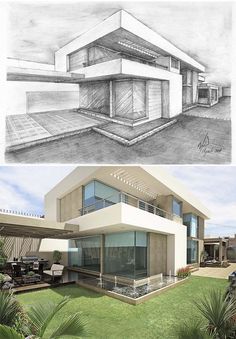 two different views of a modern house with grass and palm trees in the foreground