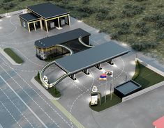 an artist's rendering of a gas station in the middle of a parking lot