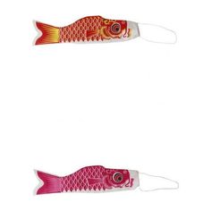 two red fish shaped magnets sitting on top of each other in front of a white background