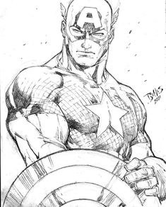 a drawing of captain america holding the shield in his hand and looking at the camera