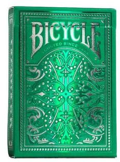 a green bicycle playing card with the words bicycle printed on it's front cover