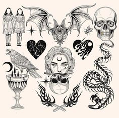 various tattoo designs on white paper with black ink