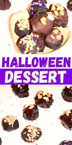 there is a plate full of chocolate desserts with the words halloween dessert on it