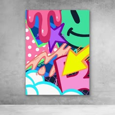 an abstract painting on a wall with graffiti and stars in the background, including pink, blue