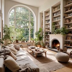 a living room filled with lots of furniture and a fire place in front of a large window