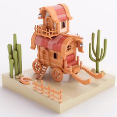 a wooden model of a train with cactus and fence