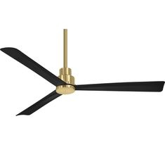 a black and gold ceiling fan with two blades on the blade, one light is turned on