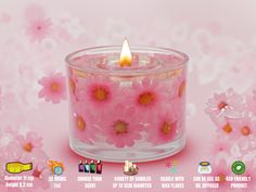 a candle with pink flowers floating in it