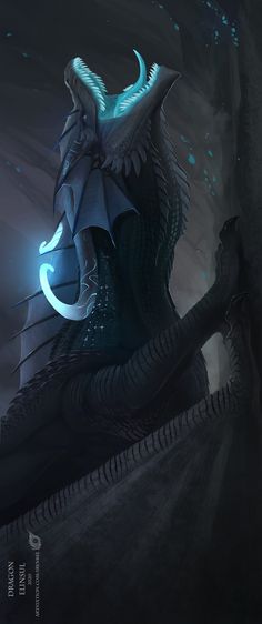 an illustration of a dragon sitting on top of a rock in the dark with blue light coming from it's eyes