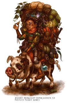 a drawing of a woman riding on the back of a pig with lots of objects