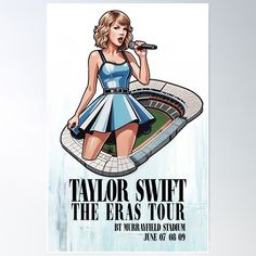 taylor swift the eras tour poster with an image of taylor swift holding a microphone in her hand