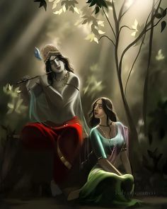 a painting of two women sitting in the woods, one holding a spear and the other looking at something