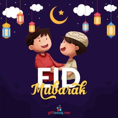 an illustration of two children hugging each other with the words eid mubarak above them