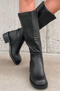 Color: Black Faux Leather Uppers Full-Length Zipper Square Toe 2" Heel Very Narrow Fit Length Runs True To Size Launched: 10/6/23 Accessories Closet, Black Mid Calf Boots, Leather Boots Black, Black Knee High Boots, Faux Leather Boots, Downtown Girl, Flying Monkey Jeans, Shoe Inspo, Black Knees