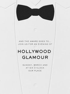 a white card with a black bow tie and the words hollywood glamour written on it