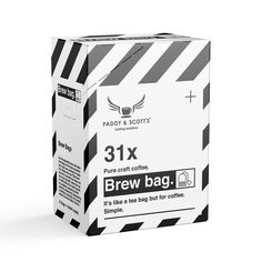 a box of 3x brew bad for coffees on a white background with black and white stripes