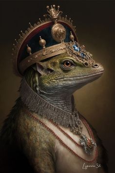 an iguana wearing a tiara and jewels on it's head is standing in front of a dark background