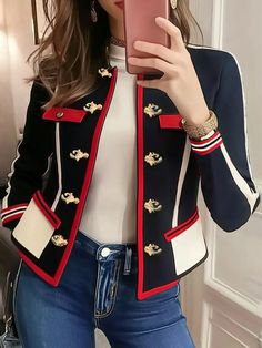 Affordable price buy Jackets on Stylewe, SPU: 1GJA8EC3DC, Color: Black-red, Theme:Spring/Fall, Activity:Commuting. Color Block Jacket, Casual Work Outfits, Winter Coats Women, Casual Summer Outfits, Work Casual, Fashion Classy, Fashion Tops, Fashion Online Shop, Suits For Women