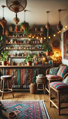 a living room filled with lots of furniture and plants on top of shelves above them