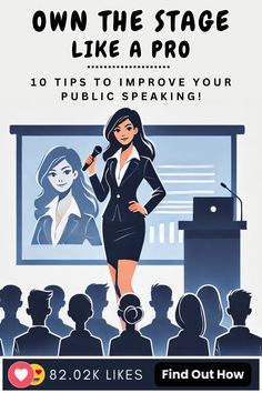 a woman speaking into a microphone in front of an audience with the words own the stage like a pro 10 tips to improve your public speaking