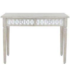 a white table with an intricate design on the top and bottom shelf, against a white background