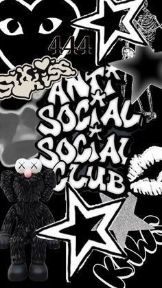 a black teddy bear surrounded by stars and other stickers on a black background with the words social social club written below it