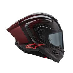 the helmet is shown with red accents on it