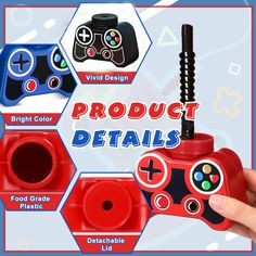 the product details are shown in red and blue, with four different controls on each side