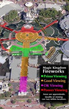 an aerial view of the magic kingdom fire works and its surrounding area, with information about it