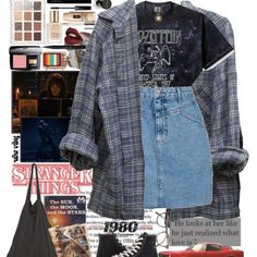 1985 Outfit Ideas, Late 80s Outfits, Stranger Thing Outfits, 80s Denim Skirt Outfit, Stranger Things Shifting Outfits, Stranger Things Outfits Inspiration, 80s Jean Skirt Outfit, 90s Mom Jeans Outfit, 80 Style Outfits Women