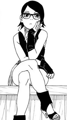 a black and white drawing of a woman sitting on a bench with her legs crossed