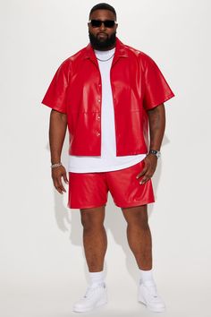 Model Height: 6'4 - Waist Size: 34 - Wearing Large Big & Tall: Height 6'5 - Waist Size: 42 - Wearing XXXL Available In Red. Elastic Waistband Waxed Drawstring Side Zipper Pockets Varsity Trim 100% Polyester Coated with PU Imported | Mens Slam Dunk Faux Leather Shorts in Red size XL by Fashion Nova Tall Height, Fall Streetwear, Faux Leather Shorts, Masculine Design, Mens Casual Dress Outfits, Mens Fashion Casual Outfits, Mens Casual Dress, Slam Dunk, Street Outfit