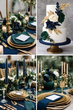 the table is set with gold, green and white plates and place settings for an elegant dinner