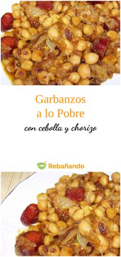 two plates filled with beans and meat on top of each other, next to the words garbanzos