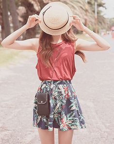 .summer love. tropical floral patterned skirt. muscle tee. and adorable hat. Skirt Floral Outfit, Floral Skirts, Patterned Skirt, Skirt Floral, Floral Outfit, Muscle Tee, Outfits With Hats, Tropical Floral