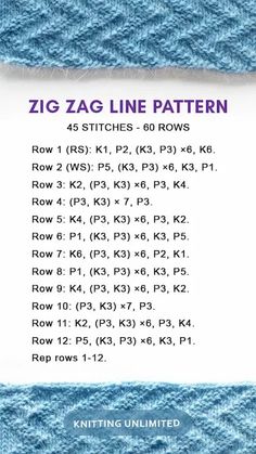 the knitting pattern for zig zag line patterns is shown in blue and white