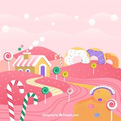 an illustration of candy land with houses and lollipops