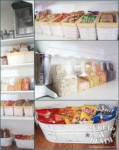 several pictures of food items in baskets and containers on shelves, including popcorn, rice, cereal bars, and more