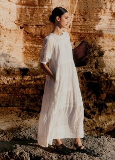 Cotton Delicate Embroidery Maxi Dress | ME+EM Hbd Style, Ceramics Photoshoot, Embroidery Maxi Dress, Simple Wardrobe, Bias Cut Dress, Silk Shirt Dress, Balloon Sleeve Dress, Delicate Embroidery, Drawstring Dresses