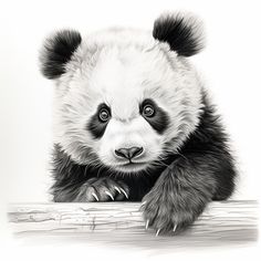 a black and white drawing of a panda bear leaning on a tree branch looking at the camera