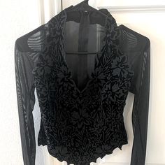 Nwt Tadashi Black Sheer/Beaded Long Sleeve Evening Blouse. Never Been Worn Size S Sheer Fitted V-neck Blouse, Black Fitted Top For Wedding, Fitted Black Top For Wedding, Festive Black V-neck Top, Fitted Sheer Blouse For Evening, Sheer V-neck Blouse For Party, Sheer Sleeves V-neck Blouse For Party, Evening V-neck Top With Sheer Sleeves, Fitted Mesh Top With Lace Detail For Party