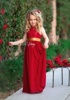 Burgundy Chiffon Sleeveless Flower Girl Dress with Ribbon Sash - Hannahrosevintageboutique.com Supernatural Wedding, Fall Flower Girl Dresses, Burgundy Flower Girl Dress, Flower Girl Dresses Vintage, Red Flower Girl Dresses, Chiffon Flower Girl Dress, Sleeveless Flower Girl Dresses, Girls Fall Dresses, Dress With Ribbon