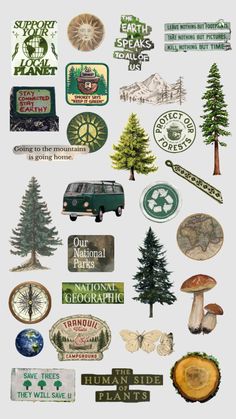 an assortment of different stickers and decals on a white background, including trees