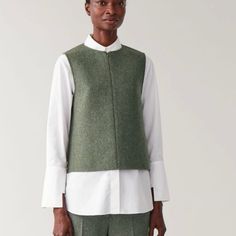 Cos Brand New Wool Vest - Green; No Longer Available Cos Shirt, Suede Crop Top, High Neck Shirts, Cos Tops, White Short Sleeve Shirt, Stripped Tops, Chambray Top, Long Sleeve Pullover Sweater, Wool Vest