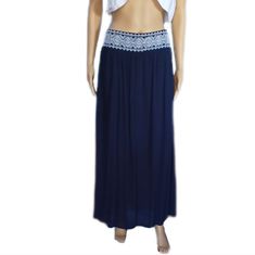 Brand Beautiful Navy Blue Maxi Skirt 2 Side Slits As Shown In My Photos Elastic Waist Band In Back Flat Embroidered Waist Band In Front Lined No Defects New With Tags Waist: About 16 In Flat Across Length: About: 40 In Fast Shipping Smoke Free Home Blue Embroidered Stretch Bottoms, Embroidered Flowy Long Skirt, Embroidered Blue Bottoms For Beach, Blue Embroidered Long Skirt, Long Blue Embroidered Skirt, Navy Blue Maxi Skirt, Skirt Pattern Easy, Womens Long Skirt, Tie Dye Maxi Skirt