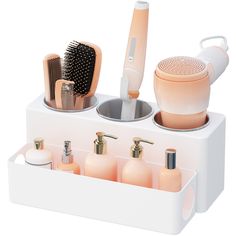 PRICES MAY VARY. Versatile Hair Dryer Stand: This hair tool organizer, measuring 11.8"(30.2 cm) x 7.3"(18.6 cm) x 5.2"(12. 5cm), is perfect for storing your hair dryer, iron, curling iron, straightener, as well as cosmetics, skincare products, brushes, and combs Heat-Resistant Tool Rack: This hair dryer holder features three heat-resistant stainless steel cups to serve as stands for hair dryer and curling iron, allowing them to cool down quickly. With a deep design, the cups provide stability an Blow Dryer Holder, Organize Bathroom Countertop, Hair Dryer Stand, Dryer Stand, Hair Tool Organizer, Hair Blow Dryer, Bathroom Basket Storage, Hair Tool, Tool Rack