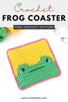 crochet frog coaster pattern with text overlay