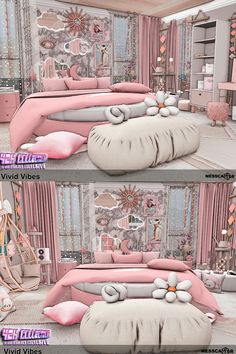 three different views of a bedroom with pink and white decor, including a large bed