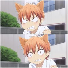 two pictures of an anime character with red hair and cat ears, one is staring at the camera