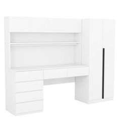 a white desk with drawers and cupboards